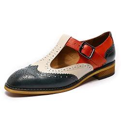 Mona flying Damen Handgefertigt Leder Mary Jane Loafer Mehrfarbig Flache Schuhe Für Frauen,Grün-Weiß,37.5 EU von Mona flying