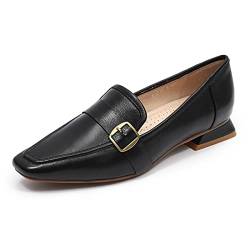 Mona flying Damen Handgefertigt Leder Mokassin Loafer Quadratische Zehe Low Heel Formal Casual Schuhe,Schwarz,39 EU von Mona flying