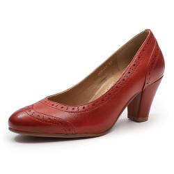 Mona flying Damen Handgefertigt Leder Pumps Mit Blockabsatz Wingtip Slip On High Heels Für Damen,Rot,37.5 EU von Mona flying