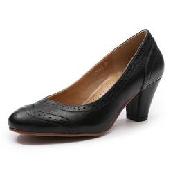 Mona flying Damen Handgefertigt Leder Pumps Mit Blockabsatz Wingtip Slip On High Heels Für Damen,Schwarz,37.5 EU von Mona flying