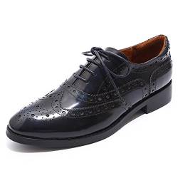 Mona flying Damen Leder Oxford Brogue Schnürhalbschuhe Handgefertigt Derby Formal Lederschuhe,Blau-Schwarz,37.5 EU von Mona flying