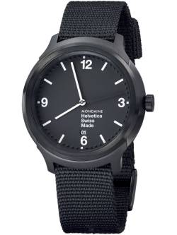 Helvetica No1 Steel Bold Black, Nylonarmband schwarz von Mondaine