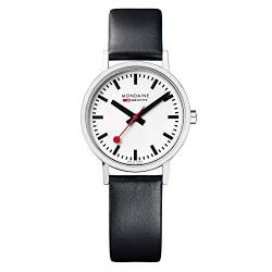 Mondaine Offizielle Schweizer Bahnhofsuhr Classic Damen-/ Herren-Uhr, Quartzuhr mit Schwarzem Lederarmband und rotem Futter von Mondaine