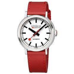 Mondaine Unisex Automatik Armbanduhr, 41.00mm GehäusegröÃŸe mit weiÃŸ analog Zifferblatt und rot Leder Armband MST.4161B.LC von Mondaine