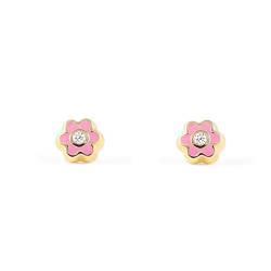 Mondepetit - Hellrosa Emaille Gänseblümchen Zirkon Kinder Baby Mädchen Ohrringe Gelbgold 18K - Geschenkbox - Garantiezertifikat von Monde Petit