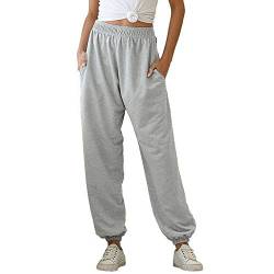 MoneRffi Damen Jogginghose Sporthosen Lange Yoga Hosen Loose Casual Jogginghose High Waist Loose Fit Elastischer Bund Freizeithosen Hohe Trainingsanzug Hosen Sweathose mit Taschen(Grau,Dünn,L) von MoneRffi