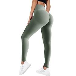 MoneRffi Damen Leggings Crossover Taille - Sport Leggings, High Waist Scrunch Butt Sportleggins, Seamless Elastisch Butt Yogahose Shaping Leggings(Armeegrün，S) von MoneRffi