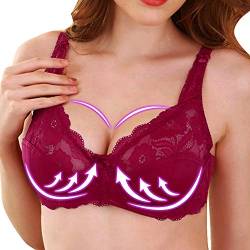 MoneRffi Damen Push Up Bügel BH Bequemer Leicht Still BH T-Shirt BH Vollschalen Spitze Floral Bralette sexy Unterwäsche Lingerie(E#rot，100D) von MoneRffi