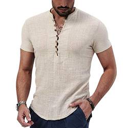 MoneRffi Herren Leinenhemd Kurzarm Hemd, Leichtes Loose Freizeithemd mit V Ausschnitt, Lässige Strand Hemd Sommer Shirt Tops von MoneRffi