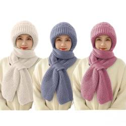 MoneRffi Integrierter Gehörschutz Winddichte Mütze Schal, Damen Warme 2 in 1 Maskenschal Strickmütze, Winter Strickmütze Verdickter Kapuzenschal für Frauen von MoneRffi