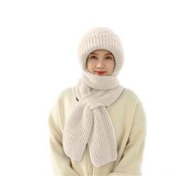 MoneRffi Mütze und Schal Set Damen,Integrierter Gehörschutz Winddichte Mütze Schal,Winter Warmer Strickmütze 2 in 1 Kapuzenschal Damen(Cremefarben) von MoneRffi