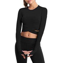 MoneRffi T-Shirt Damen Sport Crop Top Langarmshirt Langarm Laufshirt Nahtlos Sexy Bauchfrei Sportshirt Schnell Trocknend Funktionsshirt Atmungsaktiv Fitness Training Gym Yoga Oberteile(Schwarz，S) von MoneRffi