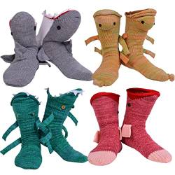 MoneRffi Unisex Strick Krokodil Socken Lustige Socken Damen Bodensocken 3D Gestrickte Tier Hai Krokodilform Socken Neuheit Geschenk Anti-Rutsch-Strick Home Warme Wintersocken(Grün+Grau+Rosa+Gelb) von MoneRffi