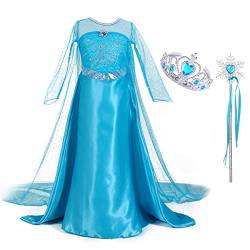 Monissy Mädchen Prinzessin Kleid Eiskönigin ELSA Kostüm Kinder Schneekönigin Frozen Cosplay Verkleidung Blau Elegant Fasching Kostüme Eisprinzessin Set Krone Zauberstab Karneval Party Rollenspiel von Monissy