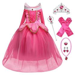 Monissy Mädchen Prinzessin Kleid Kinder Aurora Kostüm Kinder Karneval Kostüm Cosplay Kleid Dornröschen Kleid Rosa Pink Langarm Fasching Verkleidung Party Weihnachten Halloween Fest, Rosa, 120 von Monissy