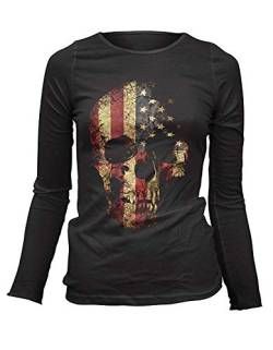 Damen Longsleeve T-Shirt Totenkopf Vintage Skull USA Flagge Rock Grunge von Monkey Print