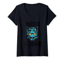 Damen Monster in Training Lustige Fantasy-Monster-Katze T-Shirt mit V-Ausschnitt von Monster