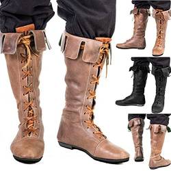 Mooke Herren Reitstiefel Vintage Mittelalterliche Flache Stiefel Gothic Steampunk Ritterstiefel Schnürstiefel Aus Kunstleder Für Halloween Cosplay,Braun,41 von Mooke