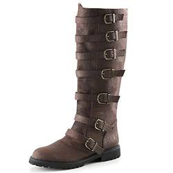 Mooke Mittelalterliche Lederstiefel Mit 7 Schnalle, Herren Steampunk Stiefel Knielang Schnürschuhe SCA LARP Reitkostüm Stiefel Für Cosplay,Braun,43 von Mooke