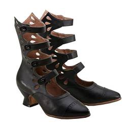 Mooketp1 Vintage Viktorianische Stiefel Mit Spitzer Zehenpartie Für Damen - Gothic-Schuhe Mittlerer Wade Ausgehöhlte Schuhe Königliche Edle Klobige Absätze Schwarze Sommerstiefel Im Lolita-Stil, 37 von Mooketp1