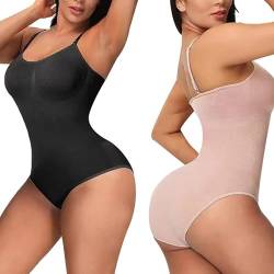 Moollyfox 2 Stück Bodysuit mit verstellbaren Trägern, figurformender Body für Damen, figurformend, schlankmachend, unsichtbar, Schlankheitseffekt, Schwarz + Hautfarbe, 50 von Moollyfox