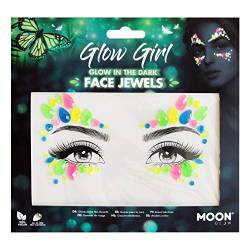 Moon Glow, im Dunkeln leuchtende Gesichtsjuwelen, Festival-Gesichts- und Körperedelsteine, Kristall-Make-up-Augen-Glitzeraufkleber, temporäre Tattoo-Juwelen (Glow Girl) (mehrfarbig, 1 Stück) von Moon Glow