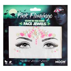 Moon Glow, im Dunkeln leuchtende Gesichtsjuwelen, Festival-Gesichts- und Körperedelsteine, Kristall-Make-up-Augen-Glitzeraufkleber, temporäre Tattoo-Juwelen (Rosa Flamingo) (1 Stück) von Moon Glow