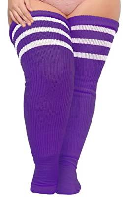 Damen Oberschenkelhohe Socken für dicke Oberschenkel, extra lang, gestreift, dick, Overknee-Socken, Beinwärmer, Stiefelsocken, Violett / Weiß, Large von Moon Wood