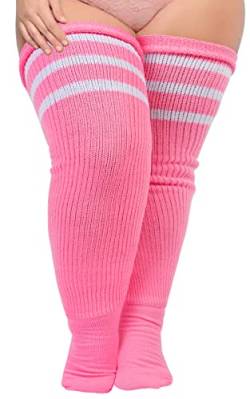 Damen Oberschenkelhohe Socken in Übergröße für dicke Oberschenkel, extra lang, gestreift, dick, Overknee-Strümpfe, Beinwärmer, Stiefelsocken, pink / weiß, Large von Moon Wood
