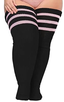 Moon Wood Damen Oberschenkelhohe Socken in Übergröße für dicke Oberschenkel, extra lang, gestreift, dick, Overknee-Strümpfe, Beinwärmer, Stiefelsocken, Schwarz & Hellrosa, Large von Moon Wood