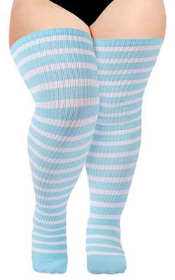 Moon Wood Übergröße Oberschenkel Hohe Socken für Frauen Strick Baumwolle Extra Lange Halloween Über das Knie Hohe Socken Beinwärmer, blau / weiß, Einheitsgröße von Moon Wood