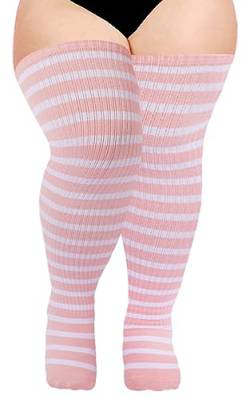 Moon Wood Übergröße Oberschenkel Hohe Socken für Frauen Strick Baumwolle Extra Lange Halloween Über das Knie Hohe Socken Beinwärmer, pink / weiß, Einheitsgröße von Moon Wood