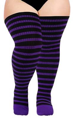 Moon Wood Oberschenkelhohe Socken für Damen, gestrickt, Baumwolle, extra lang, Halloween, Overknee-Socken, Beinstulpen, schwarz und violett, Einheitsgröße von Moon Wood