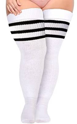 Oberschenkelhohe Damen-Socken für dicke Oberschenkel, extra lange und dicke Overkneestrümpfe, Beinwärmer, Stiefelsocken, weiß / schwarz, Einheitsgröße (Übergröße) von Moon Wood