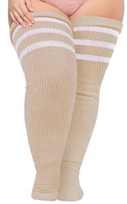 Oberschenkelhohe Socken für dicke Oberschenkel, Übergröße, extra lang und dick, Overknee-Strümpfe, Beinwärmer, Stiefelsocken, Beige / Weiß, One size von Moon Wood