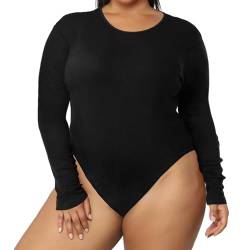 Übergröße Langarm Body für Frauen, Rundhalsausschnitt Bodysuits Tops für kurvige Momen, Schwarz, XL von Moon Wood