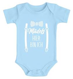 MoonWorks® Baby Body Fliege mit Spruch lustig Mädels Hier Bin ich Bio-Baumwolle Jungen & Mädchen hellblau 6-12 Monate von MoonWorks