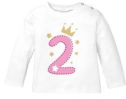 MoonWorks® Baby Langarm-Shirt 1. Geburtstag Zahl 1 BZW. 2 mit Krone Sternen Geburtstagsshirt Bio-Baumwolle 2 weiß-rosa 80/86 (10-15 Monate) von MoonWorks