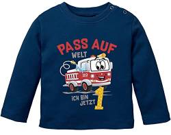 MoonWorks® Baby Langarm-Shirt 1.Geburtstag Feuerwehr-Auto Pass auf Welt ich Bin jetzt 1 Geburtstagsshirt Bio-Baumwolle Junge/Mädchen Navy 80/86 (10-15 Monate) von MoonWorks