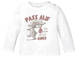 MoonWorks® Baby Langarm-Shirt mit Spruch zum Geburtstag Ich Bin jetzt Eins | Zwei | DREI Hase Tiere Bio-Baumwolle Junge/Mädchen 1 Jahr weiß 68/74 (4-9 Monate) von MoonWorks