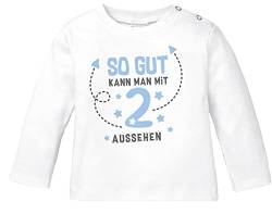 MoonWorks® Baby Langarmshirt erster Geburtstag Spruch so gut kann Man mit 1 BZW 2 Aussehen Babyshirt Shirt 2 weiß/blau 92/98 (16-24-Monate) von MoonWorks