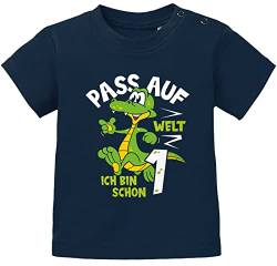 MoonWorks® Baby T-Shirt 1. Geburtstag Krokodil Drache Pass auf Welt Bin Schon 1 Geburtstagsshirt Kurzarm Bio-Baumwolle dunkelblau 80/86 (10-15 Monate) von MoonWorks