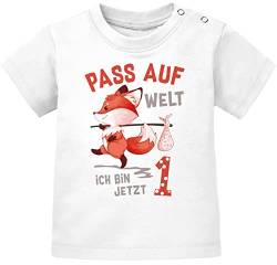 MoonWorks® Baby T-Shirt 1. Geburtstag Pass auf Welt ich Bin jetzt 1 Fuchs Geburtstagsshirt Kurzarm Bio-Baumwolle 1 weiß 92/98 (16-24-Monate) von MoonWorks