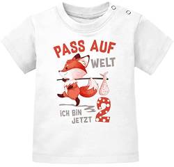 MoonWorks® Baby T-Shirt 1. Geburtstag Pass auf Welt ich Bin jetzt 1 Fuchs Geburtstagsshirt Kurzarm Bio-Baumwolle 2 weiß 92/98 (16-24-Monate) von MoonWorks