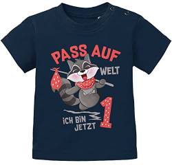 MoonWorks® Baby T-Shirt 1. Geburtstag Pass auf Welt ich Bin jetzt 1 Waschbär Geburtstagsshirt Kurzarm Bio-Baumwolle dunkelblau 80/86 (10-15 Monate) von MoonWorks