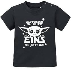 MoonWorks® Baby T-Shirt Yoda Parodie erster oder zweiter Geburtstag lustiger Spruch Geburtstagsshirt Kurzarm 1 ich jetzt Bin schwarz 80/86 (10-15 Monate) von MoonWorks