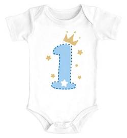 MoonWorks® Babybody erster Geburtstag Zahl 1 BZW. 2 mit Krone und Sternen Kurzarm Body Bio-Baumwolle 1 weiß/blau 12-18 Monate von MoonWorks