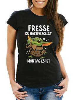 MoonWorks® Damen T-Shirtmit Spruch Arbeit Fresse halten du sollst Montag es ist Baby Yoda Fun-Shirt lustig schwarz S von MoonWorks