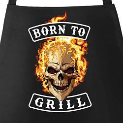 MoonWorks® Grill-Schürze für Männer mit Spruch Born to Grill Skull Flammen Baumwollschürze Küchenschürze schwarz unisize von MoonWorks