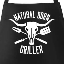 MoonWorks® Grill-Schürze für Männer mit Spruch Natural Born Griller Baumwoll-Schürze Küchenschürze Kochschürze Grillen Barbecue BBQ Fleisch Sommer schwarz unisize von MoonWorks